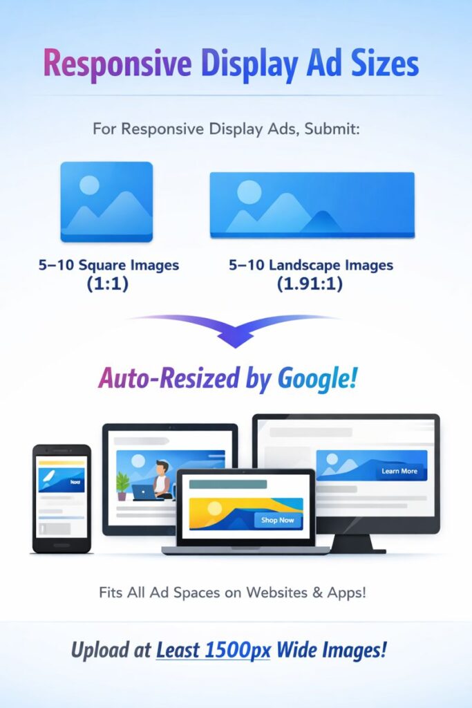 Best performing Google Ads display ad sizes including medium rectangle, leaderboard, and half page ad