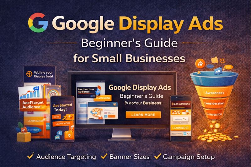 Google Display Ads beginner guide showing display ad examples, marketing funnel stages, audience targeting, banner sizes, and campaign setup