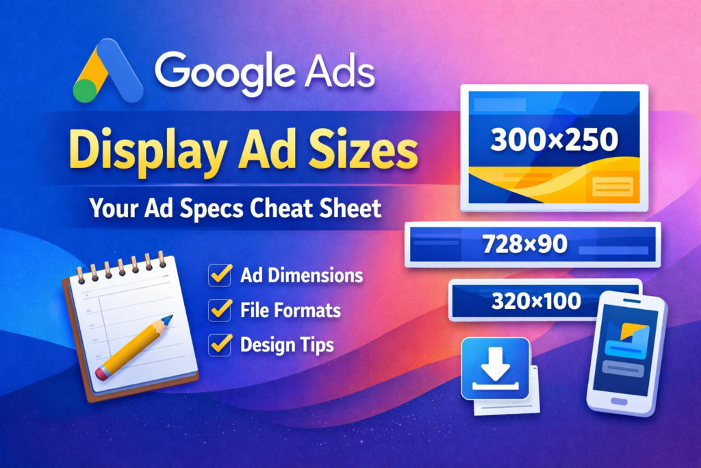 Google Ads Display Ad Sizes cheat sheet showing common banner dimensions, file formats, and responsive ad examples